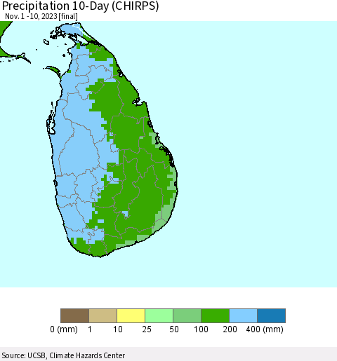 Sri Lanka Precipitation 10-Day (CHIRPS) Thematic Map For 11/1/2023 - 11/10/2023
