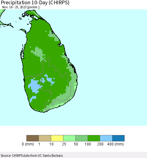 Sri Lanka Precipitation 10-Day (CHIRPS) Thematic Map For 11/16/2023 - 11/25/2023