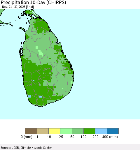 Sri Lanka Precipitation 10-Day (CHIRPS) Thematic Map For 11/21/2023 - 11/30/2023