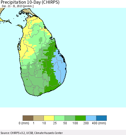 Sri Lanka Precipitation 10-Day (CHIRPS) Thematic Map For 12/21/2023 - 12/31/2023