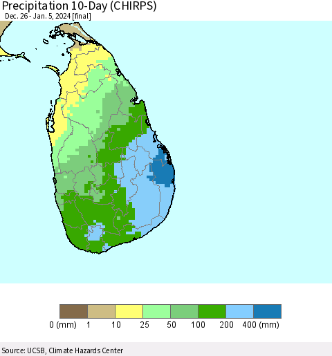 Sri Lanka Precipitation 10-Day (CHIRPS) Thematic Map For 12/26/2023 - 1/5/2024