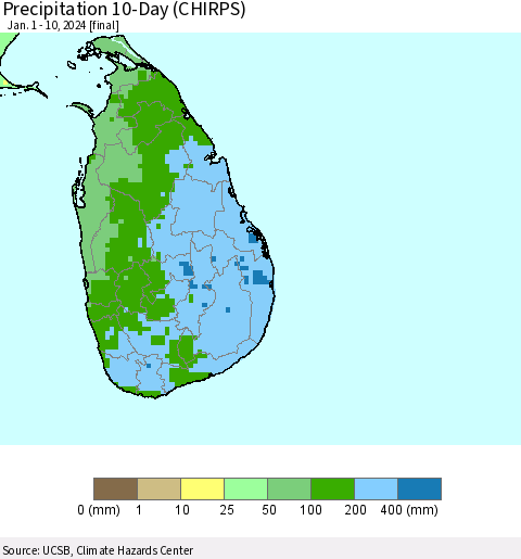 Sri Lanka Precipitation 10-Day (CHIRPS) Thematic Map For 1/1/2024 - 1/10/2024