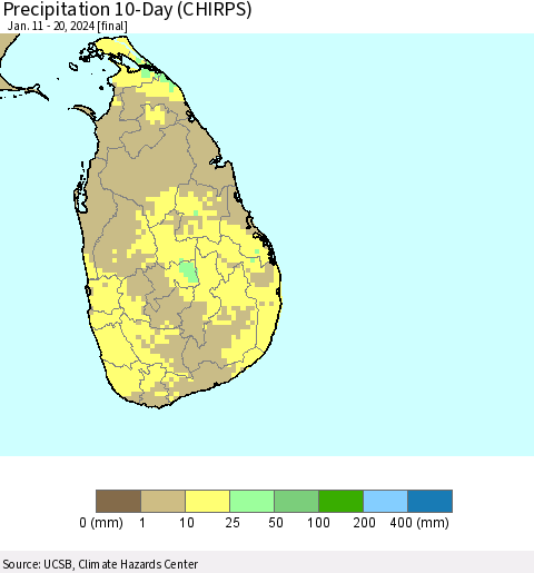 Sri Lanka Precipitation 10-Day (CHIRPS) Thematic Map For 1/11/2024 - 1/20/2024