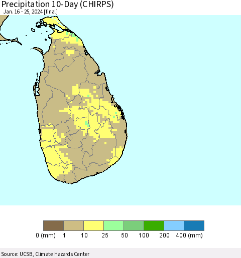 Sri Lanka Precipitation 10-Day (CHIRPS) Thematic Map For 1/16/2024 - 1/25/2024