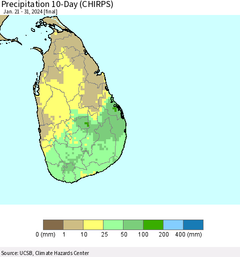 Sri Lanka Precipitation 10-Day (CHIRPS) Thematic Map For 1/21/2024 - 1/31/2024