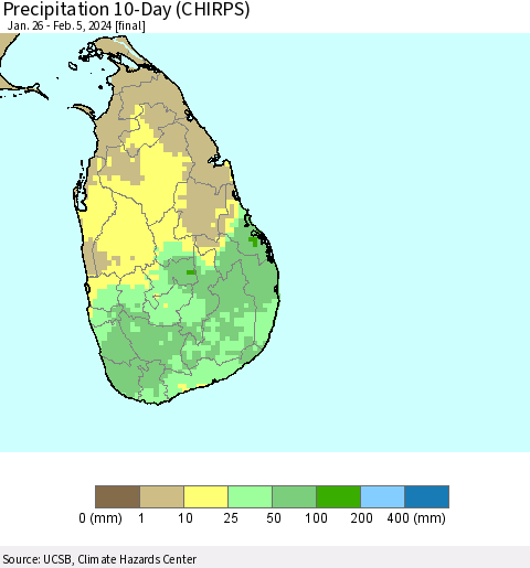 Sri Lanka Precipitation 10-Day (CHIRPS) Thematic Map For 1/26/2024 - 2/5/2024