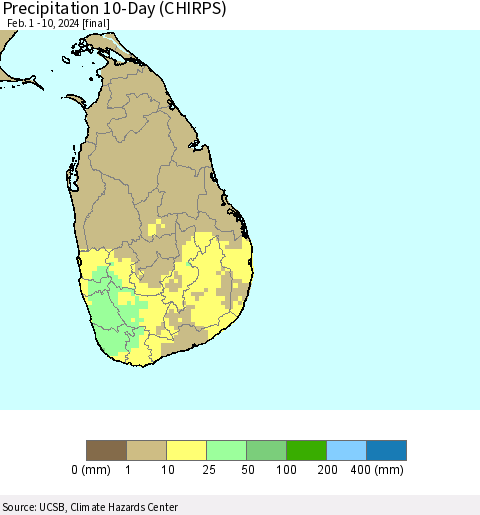 Sri Lanka Precipitation 10-Day (CHIRPS) Thematic Map For 2/1/2024 - 2/10/2024