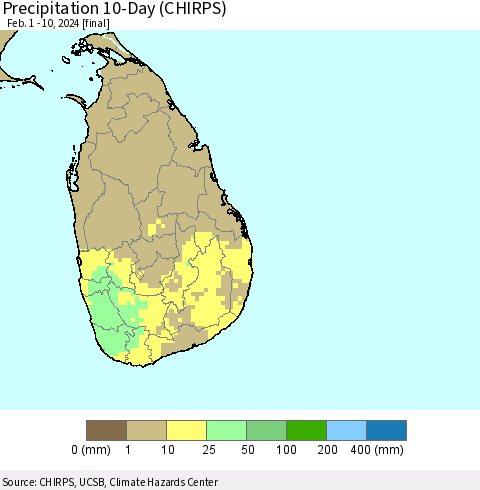 Sri Lanka Precipitation 10-Day (CHIRPS) Thematic Map For 2/1/2024 - 2/10/2024