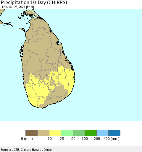 Sri Lanka Precipitation 10-Day (CHIRPS) Thematic Map For 2/16/2024 - 2/25/2024