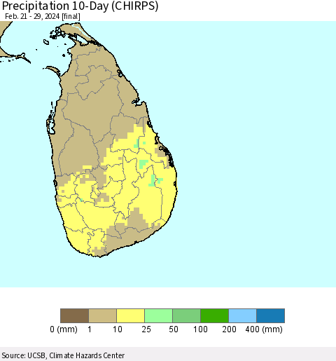 Sri Lanka Precipitation 10-Day (CHIRPS) Thematic Map For 2/21/2024 - 2/29/2024