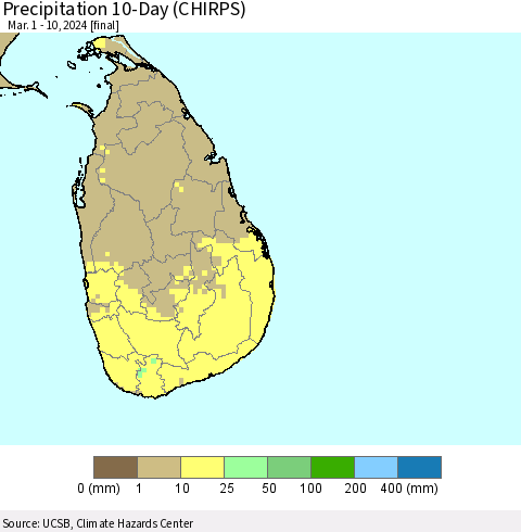 Sri Lanka Precipitation 10-Day (CHIRPS) Thematic Map For 3/1/2024 - 3/10/2024