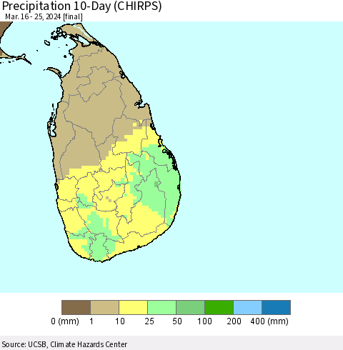 Sri Lanka Precipitation 10-Day (CHIRPS) Thematic Map For 3/16/2024 - 3/25/2024