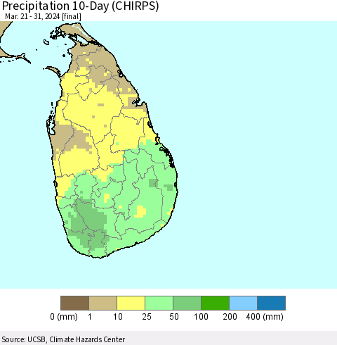 Sri Lanka Precipitation 10-Day (CHIRPS) Thematic Map For 3/21/2024 - 3/31/2024