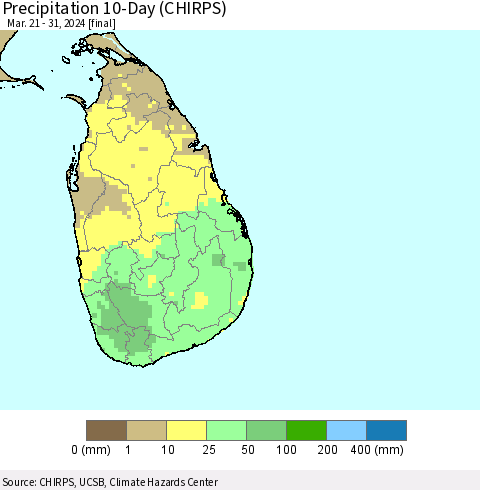 Sri Lanka Precipitation 10-Day (CHIRPS) Thematic Map For 3/21/2024 - 3/31/2024