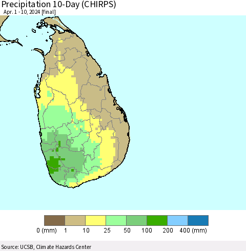 Sri Lanka Precipitation 10-Day (CHIRPS) Thematic Map For 4/1/2024 - 4/10/2024