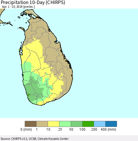 Sri Lanka Precipitation 10-Day (CHIRPS) Thematic Map For 4/1/2024 - 4/10/2024