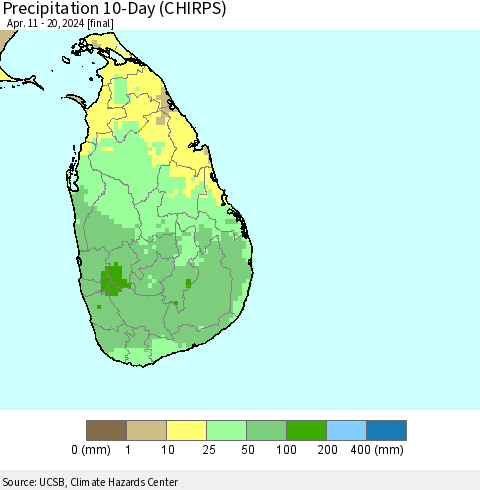 Sri Lanka Precipitation 10-Day (CHIRPS) Thematic Map For 4/11/2024 - 4/20/2024