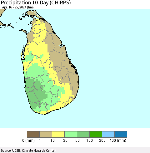 Sri Lanka Precipitation 10-Day (CHIRPS) Thematic Map For 4/16/2024 - 4/25/2024