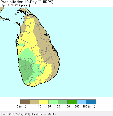 Sri Lanka Precipitation 10-Day (CHIRPS) Thematic Map For 4/16/2024 - 4/25/2024
