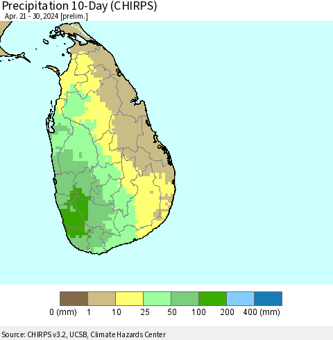 Sri Lanka Precipitation 10-Day (CHIRPS) Thematic Map For 4/21/2024 - 4/30/2024