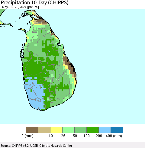 Sri Lanka Precipitation 10-Day (CHIRPS) Thematic Map For 5/16/2024 - 5/25/2024