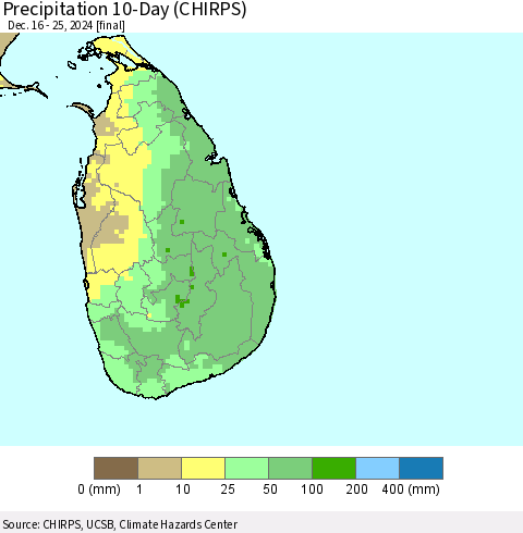 Sri Lanka Precipitation 10-Day (CHIRPS) Thematic Map For 12/16/2024 - 12/25/2024