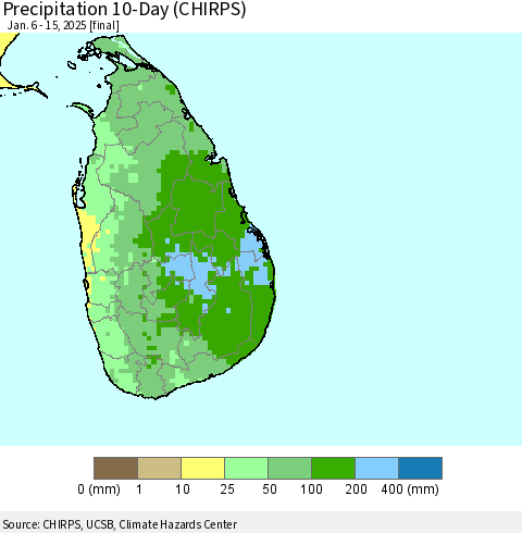 Sri Lanka Precipitation 10-Day (CHIRPS) Thematic Map For 1/6/2025 - 1/15/2025