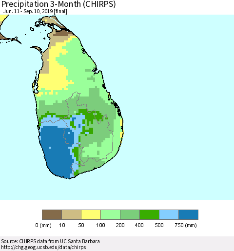 Sri Lanka Precipitation 3-Month (CHIRPS) Thematic Map For 6/11/2019 - 9/10/2019