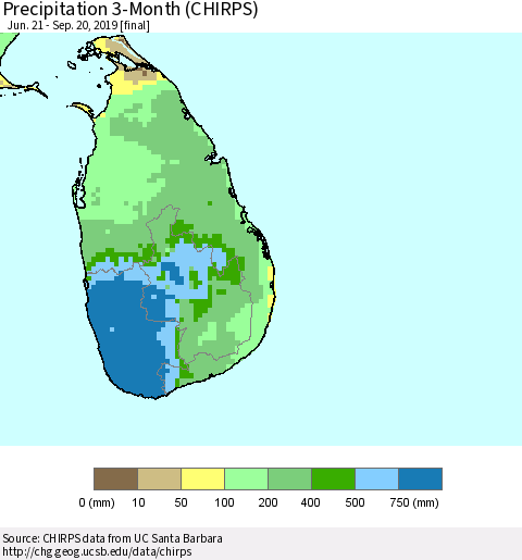 Sri Lanka Precipitation 3-Month (CHIRPS) Thematic Map For 6/21/2019 - 9/20/2019