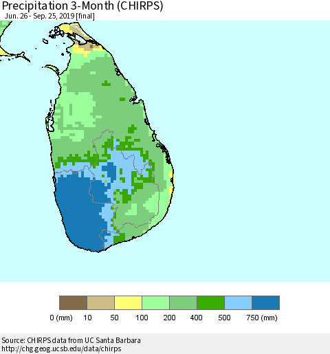 Sri Lanka Precipitation 3-Month (CHIRPS) Thematic Map For 6/26/2019 - 9/25/2019