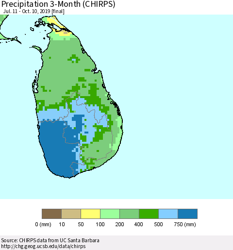 Sri Lanka Precipitation 3-Month (CHIRPS) Thematic Map For 7/11/2019 - 10/10/2019
