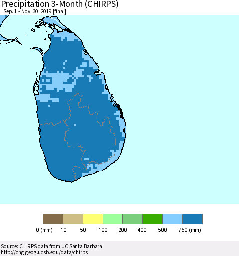Sri Lanka Precipitation 3-Month (CHIRPS) Thematic Map For 9/1/2019 - 11/30/2019