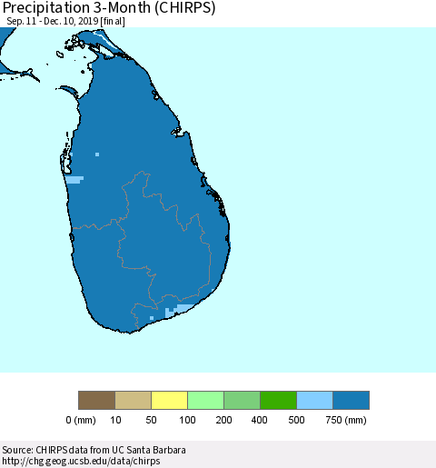 Sri Lanka Precipitation 3-Month (CHIRPS) Thematic Map For 9/11/2019 - 12/10/2019