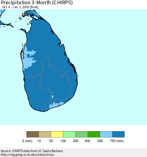 Sri Lanka Precipitation 3-Month (CHIRPS) Thematic Map For 10/6/2019 - 1/5/2020