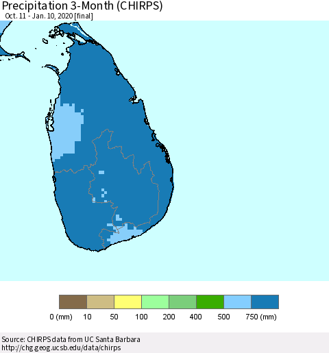 Sri Lanka Precipitation 3-Month (CHIRPS) Thematic Map For 10/11/2019 - 1/10/2020