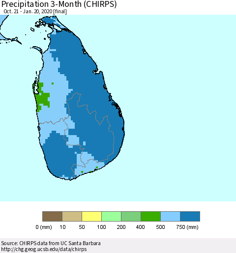 Sri Lanka Precipitation 3-Month (CHIRPS) Thematic Map For 10/21/2019 - 1/20/2020