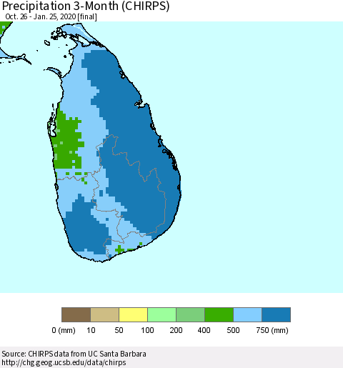Sri Lanka Precipitation 3-Month (CHIRPS) Thematic Map For 10/26/2019 - 1/25/2020