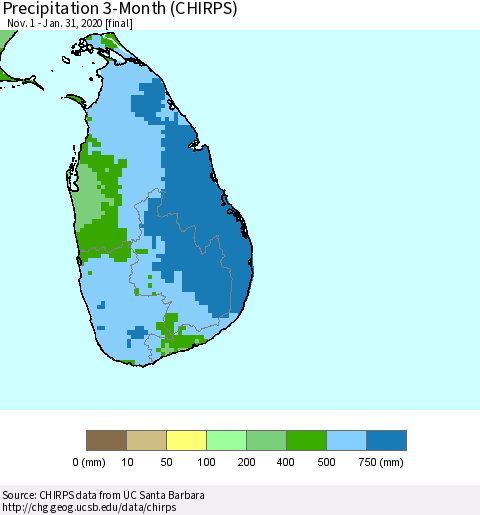 Sri Lanka Precipitation 3-Month (CHIRPS) Thematic Map For 11/1/2019 - 1/31/2020