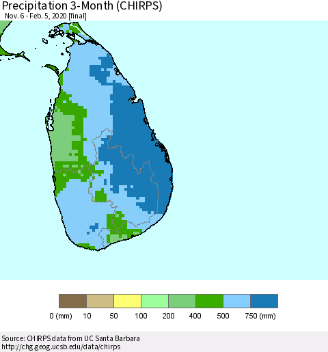Sri Lanka Precipitation 3-Month (CHIRPS) Thematic Map For 11/6/2019 - 2/5/2020