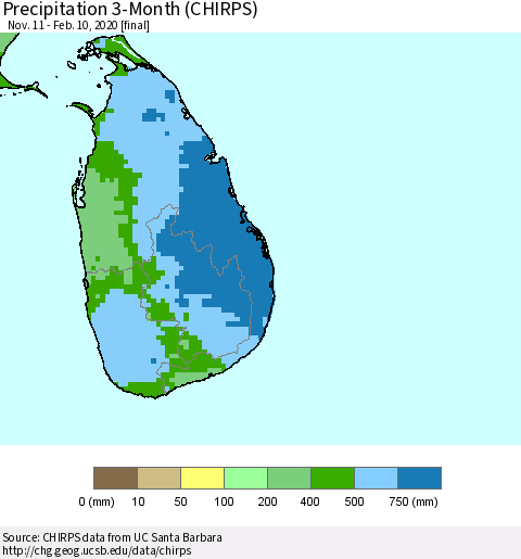 Sri Lanka Precipitation 3-Month (CHIRPS) Thematic Map For 11/11/2019 - 2/10/2020