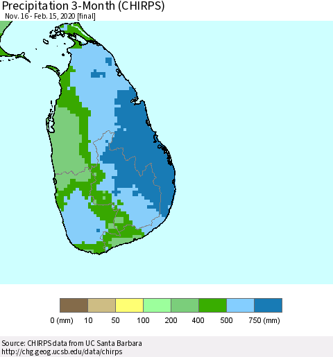 Sri Lanka Precipitation 3-Month (CHIRPS) Thematic Map For 11/16/2019 - 2/15/2020