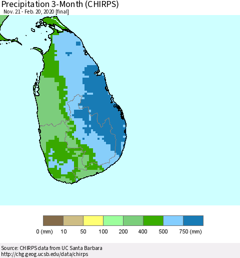 Sri Lanka Precipitation 3-Month (CHIRPS) Thematic Map For 11/21/2019 - 2/20/2020