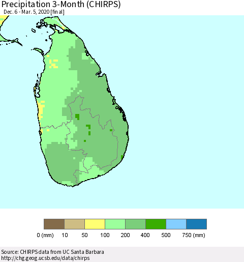 Sri Lanka Precipitation 3-Month (CHIRPS) Thematic Map For 12/6/2019 - 3/5/2020