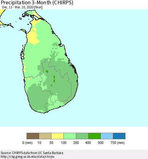 Sri Lanka Precipitation 3-Month (CHIRPS) Thematic Map For 12/11/2019 - 3/10/2020