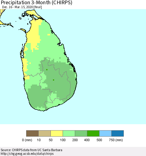 Sri Lanka Precipitation 3-Month (CHIRPS) Thematic Map For 12/16/2019 - 3/15/2020