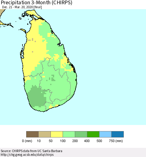 Sri Lanka Precipitation 3-Month (CHIRPS) Thematic Map For 12/21/2019 - 3/20/2020