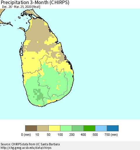 Sri Lanka Precipitation 3-Month (CHIRPS) Thematic Map For 12/26/2019 - 3/25/2020