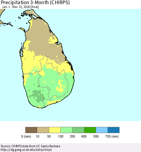 Sri Lanka Precipitation 3-Month (CHIRPS) Thematic Map For 1/1/2020 - 3/31/2020
