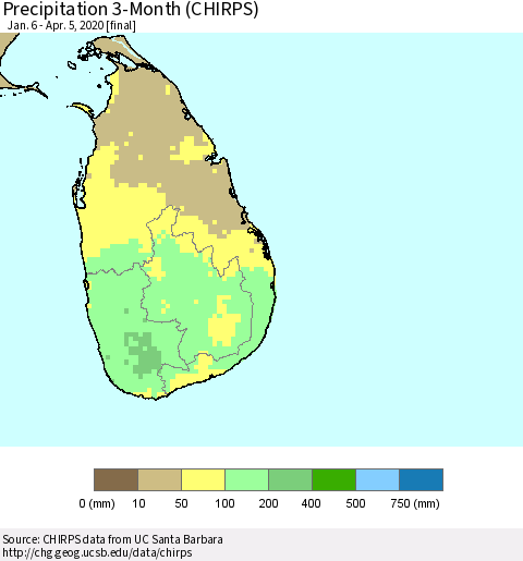 Sri Lanka Precipitation 3-Month (CHIRPS) Thematic Map For 1/6/2020 - 4/5/2020