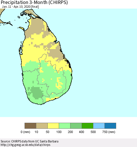 Sri Lanka Precipitation 3-Month (CHIRPS) Thematic Map For 1/11/2020 - 4/10/2020
